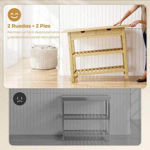 Carrito Auxiliar con Ruedas de Bambú Carro de Servicio con 2 Cajones 2 Estantes de Listones 100x43x75 cm Natural [6]