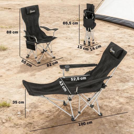 Conjunto de 2 Sillas Plegables Camping con Reposapiés Desmontable Reposacabezas Portavasos y Bolsa 125x48x90 cm Negro [1]