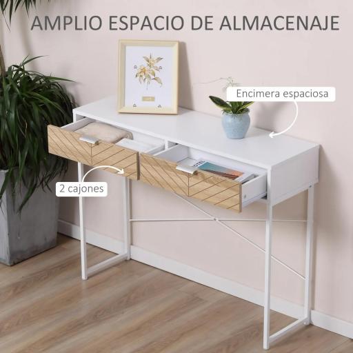 Mesa de Consola Estrecha con 2 Cajones Diseño de Líneas Talladas Estilo Moderna Blanco y Roble [2]