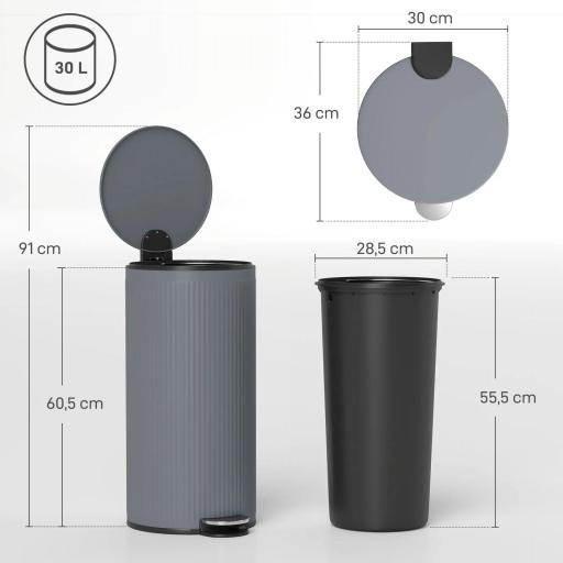 Cubo de Basura Cocina 30L con Pedal Tapa de Cierre Suave y Cubo Extraíble para Dormitorio Oficina Estudio Salón Gris [1]