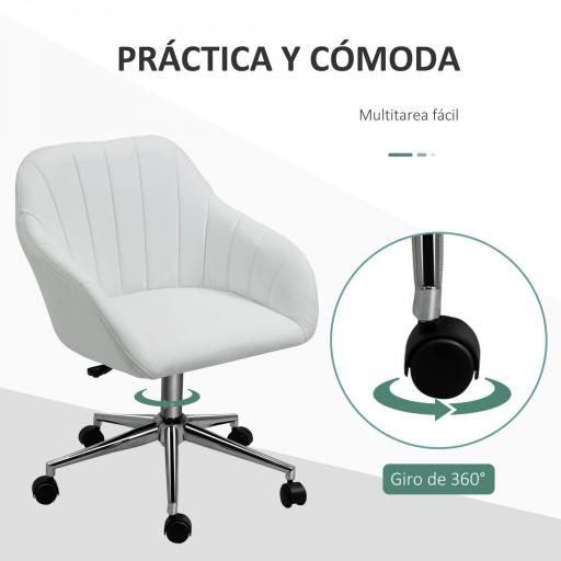 Silla de Oficina Ergonómica Silla de Escritorio Giratoria con Altura Ajustable Respaldo y Reposabrazos de Piel Sintética Carga 120 kg 60x59x79-89 cm Blanco [3]