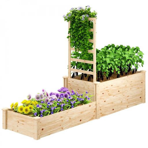 Jardinera Elevada con Celosía de Madera para Plantas Trepadoras y 2 Cajas de Cultivo 222x63x132 cm Natural [8]