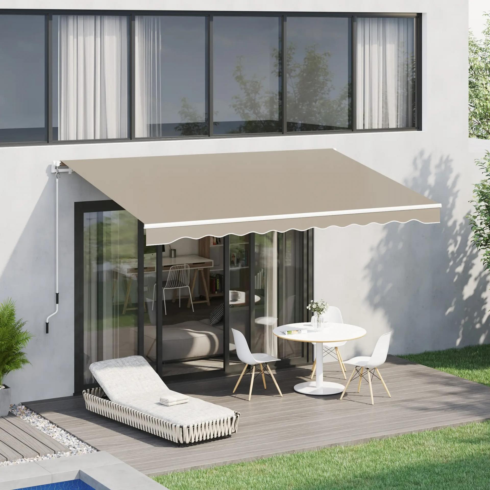 Toldo Manual 395x245 cm con Manivela Toldo Balcón Patio Terraza de Aluminio y Tejido Poliéster 280 g/m² Anti-UV Beige