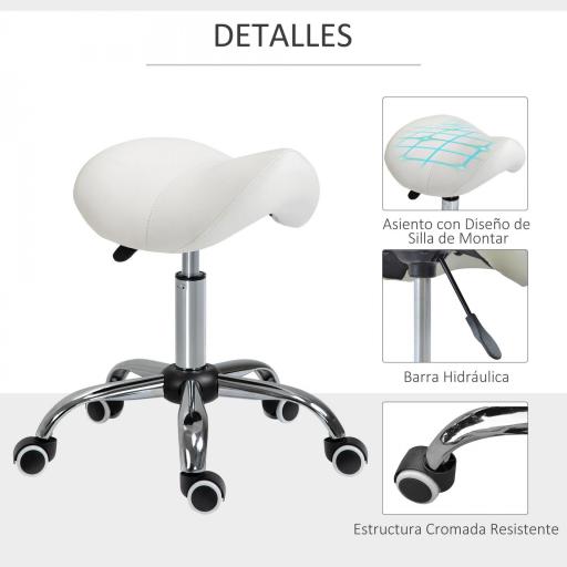 Taburete con Ruedas Taburete Giratoria con Altura Ajustable Taburete Cosmetica Dentista Peluqueria 52x53x49-61 cm Blanco [6]