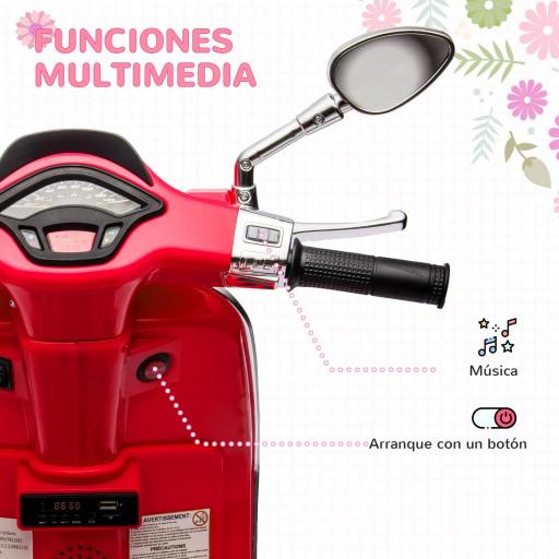Moto Eléctrica para Niños de +3 Años con Licencia Vespa con USB MP3 Luz LED Radio FM Velocidad 3 km/h Carga 35kg Rojo [6]