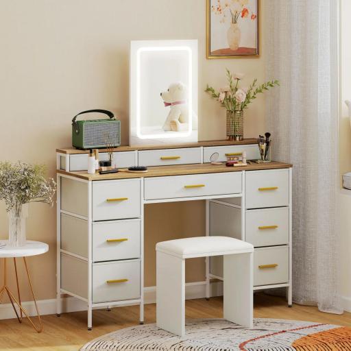 Tocador de Maquillaje con Luces LED de 3 Colores Espejo Tocador con 10 Cajones de Tela Patas de Acero Natural [1]