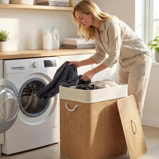 Cesto de Ropa Sucia de Bambú con 2 Compartimentos Asas para Facilitar el Uso y Bolsas Desmontables Lavables 52x32x63 cm [5]