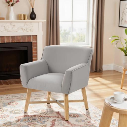 Butaca de Salón Tapizada en Terciopelo con Reposabrazos Acolchados y Patas de Madera Cruzadas 67x65x74 cm Gris Claro [6]