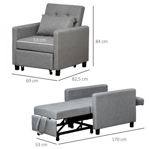 Sofá Cama de 1 Plaza Tapizado en Lino con Respaldo Ajustable de 3 Niveles y Almohada Acolchada 69x82,5x84 cm Gris [1]