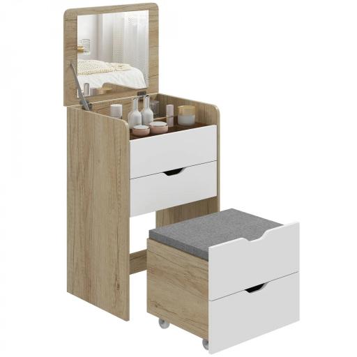  Tocador de Maquillaje 3 en 1 con Taburete Oculto y Espejo Abatible Mesa de Maquillaje de Vidrio Visible Roble y Blanco [9]