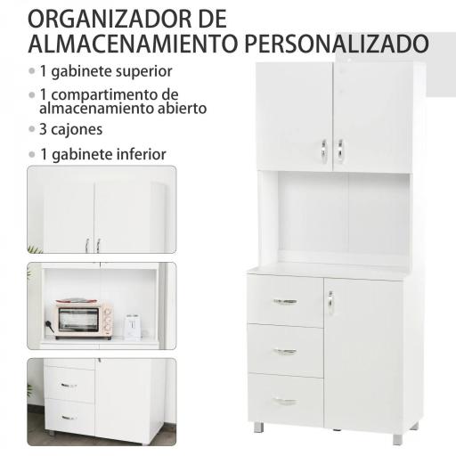 Armario de Cocina Moderno Aparador de Comedor con 3 Cajones 3 Puertas y Estantes Ajustables 80x39,5x183,5 cm Blanco [4]