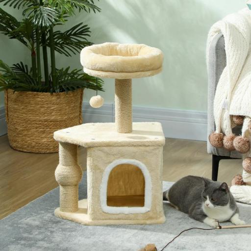 Árbol para Gatos Altura 66 cm Torre para Gatos con Cama Cueva Plataforma Bola Colgante y Poste de Yute Beige [5]