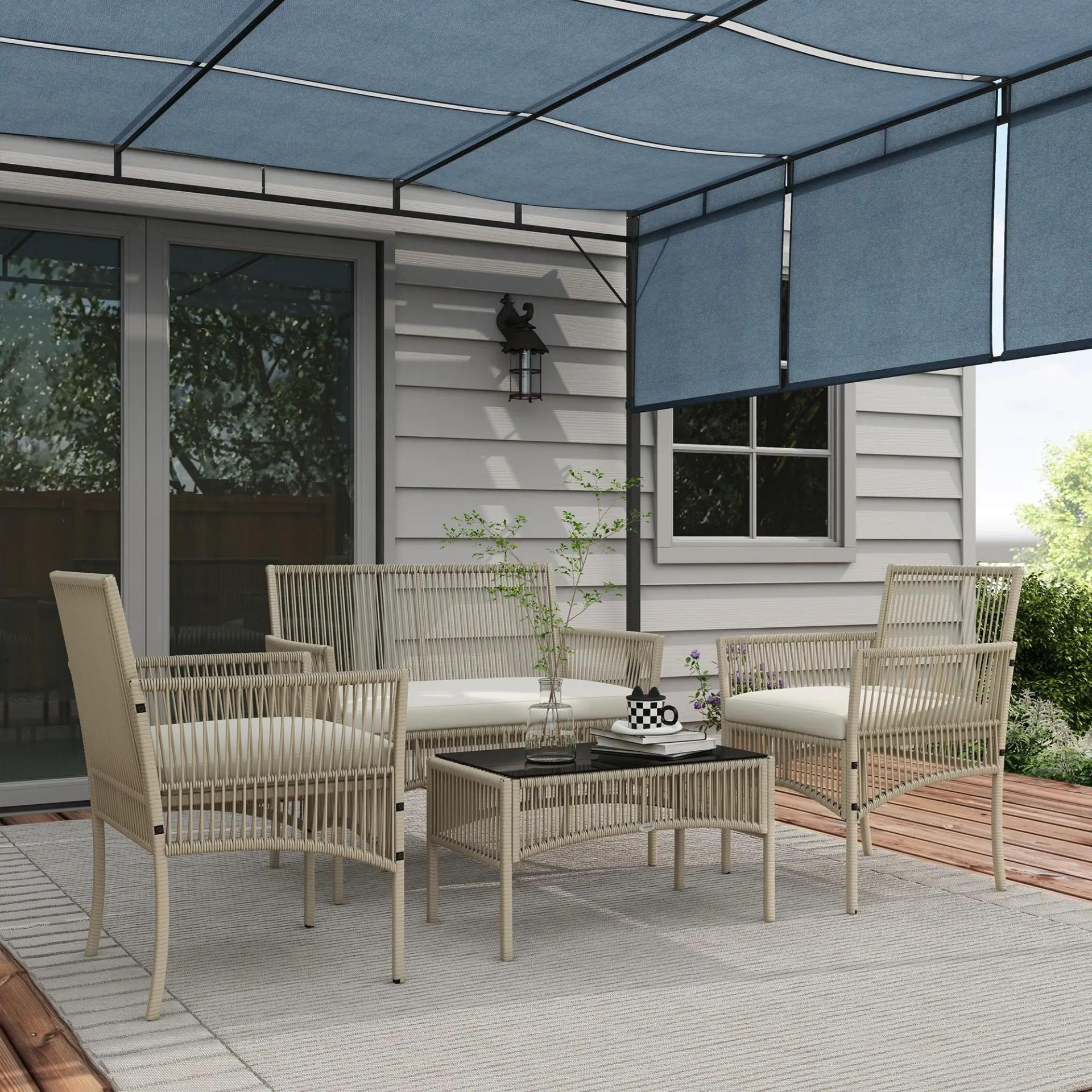 Juego de 4 Piezas Muebles de Terraza con 1 Sofá de 2 Plazas 2 Sillones y 1 Mesa de Centro con Encimera de Cristal Caqui