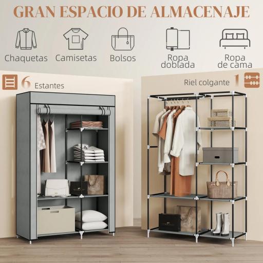 Armario de Tela Plegable Ropero Portátil con 6 Estantes y 1 Barra de Colgar para Dormitorio 103x43x162,5cm Gris [6]