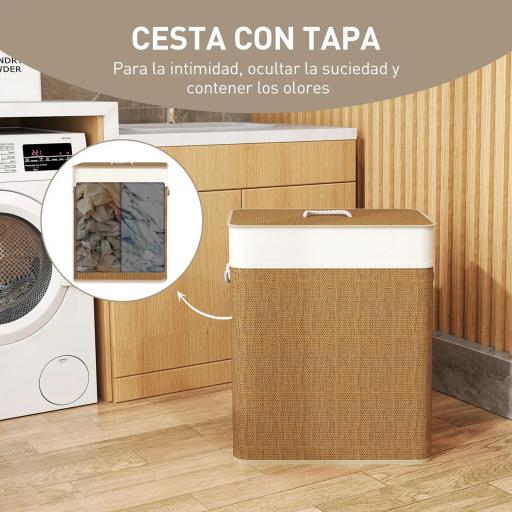 Cesto de Ropa Sucia de Bambú con 2 Compartimentos Asas para Facilitar el Uso y Bolsas Desmontables Lavables 52x32x63 cm [6]