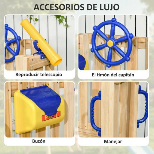 Columpio y Tobogán Infantil Exterior de Madera con Volante Telescopio para Niños de 18-48 Meses Madera Natural [5]