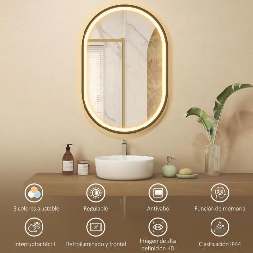 Espejo de Baño con Luz 60x90 cm Espejo de Pared Ovalado 3 Colores de Luz Brillo Regulable Función Antivaho Negro [9]