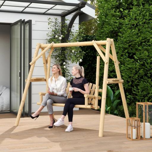Banco Columpio de Jardín de Madera de 2 Plazas con Bandejas Laterales Reposabrazos y Estructura en A Natural
