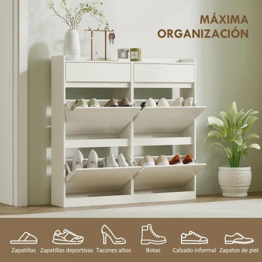 Zapatero Estrecho con 2 Cajones 4 Compartimentos Abatibles y Encimera para 8 Pares 98x19,2x95,3 cm Blanco Veteado [5]