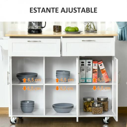 Carro de Cocina Mueble Auxiliar de Cocina con 2 Cajones 6 Puertas y Barra Lateral 121x46x91 cm Roble y Blanco [4]