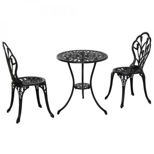 Set de Jardín 3 Piezas con Mesa Redonda Ø60x67 cm y 2 Sillas 42,5x47,5x89 cm Mesa con Orificio para Sombrilla Negro [2]
