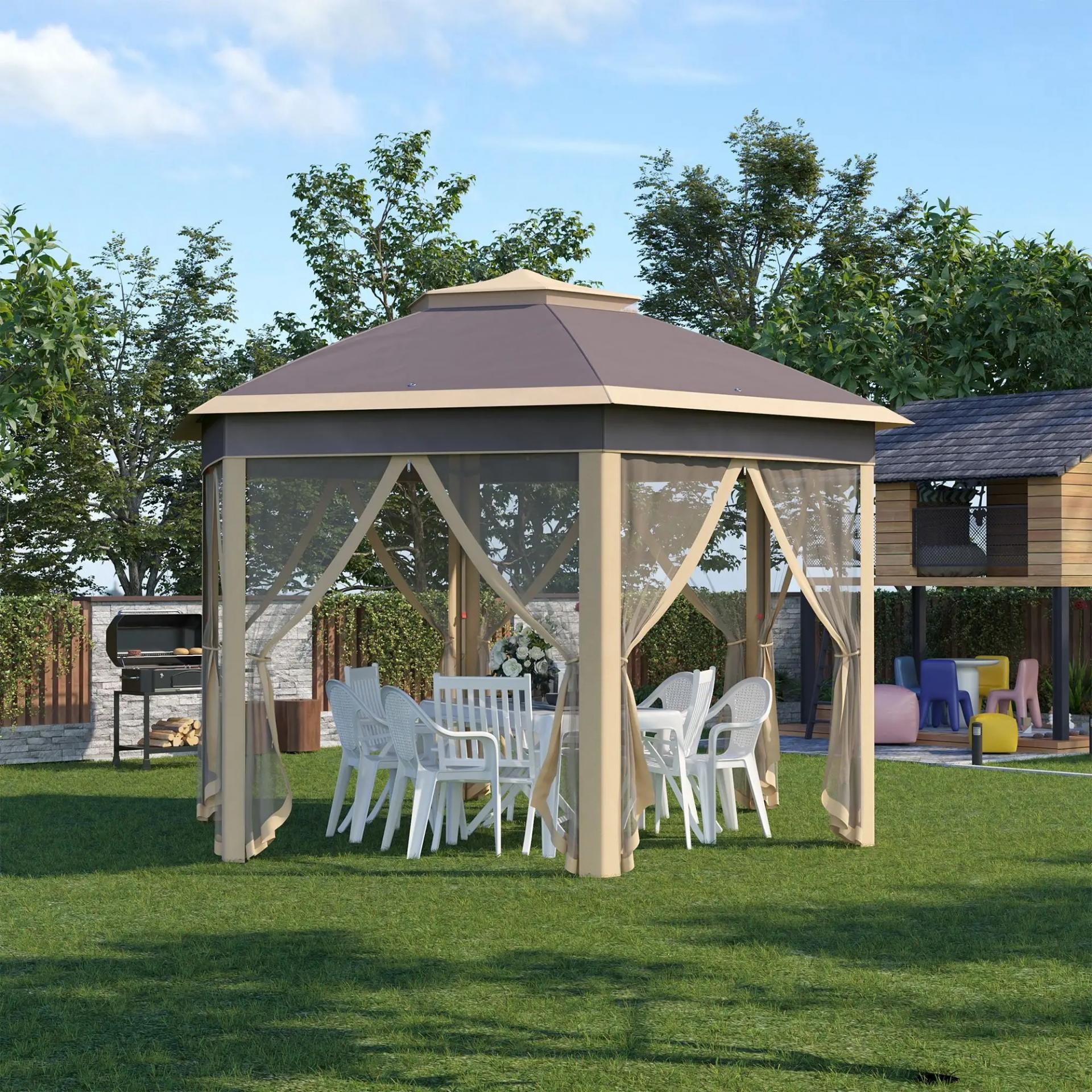 Cenador de Jardín Hexagonal 4,05x3,4x2,85 m con Doble Techo 6 Mosquiteras Desmontables Bolsa y Anti-UV Beige