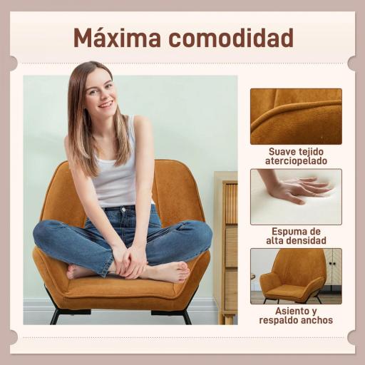 Butaca de Salón con Asiento Ancho y Acolchado Tapizado en Terciopelo Patas de Metal Sillón para Salón Marrón [2]