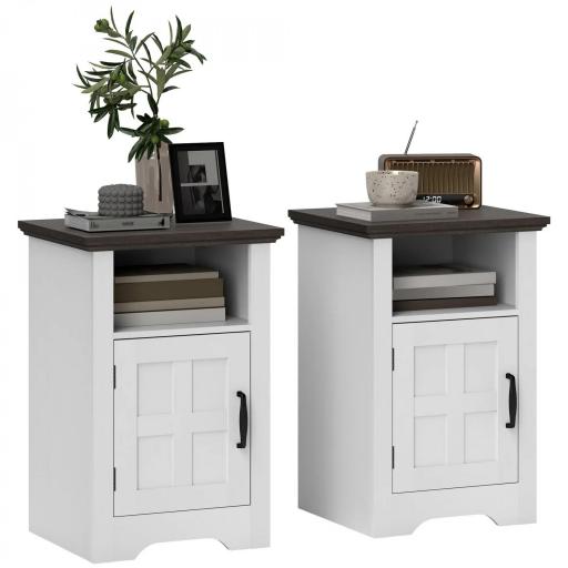 Mesitas de Noche Rústicas Mesas Auxiliares con Puerta Estilo Granero y Estante 40x35x60 cm Blanco y Marrón [9]