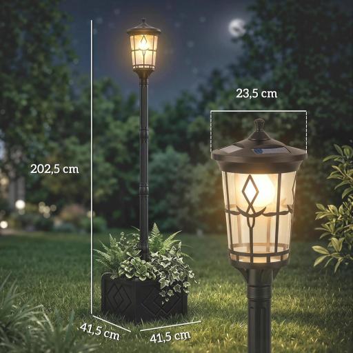 Farola Solar Exterior de Jardín con Macetero 2 Modos de Brillo 100/50 lm IP44 Encendido/Apagado Automático Negro [1]