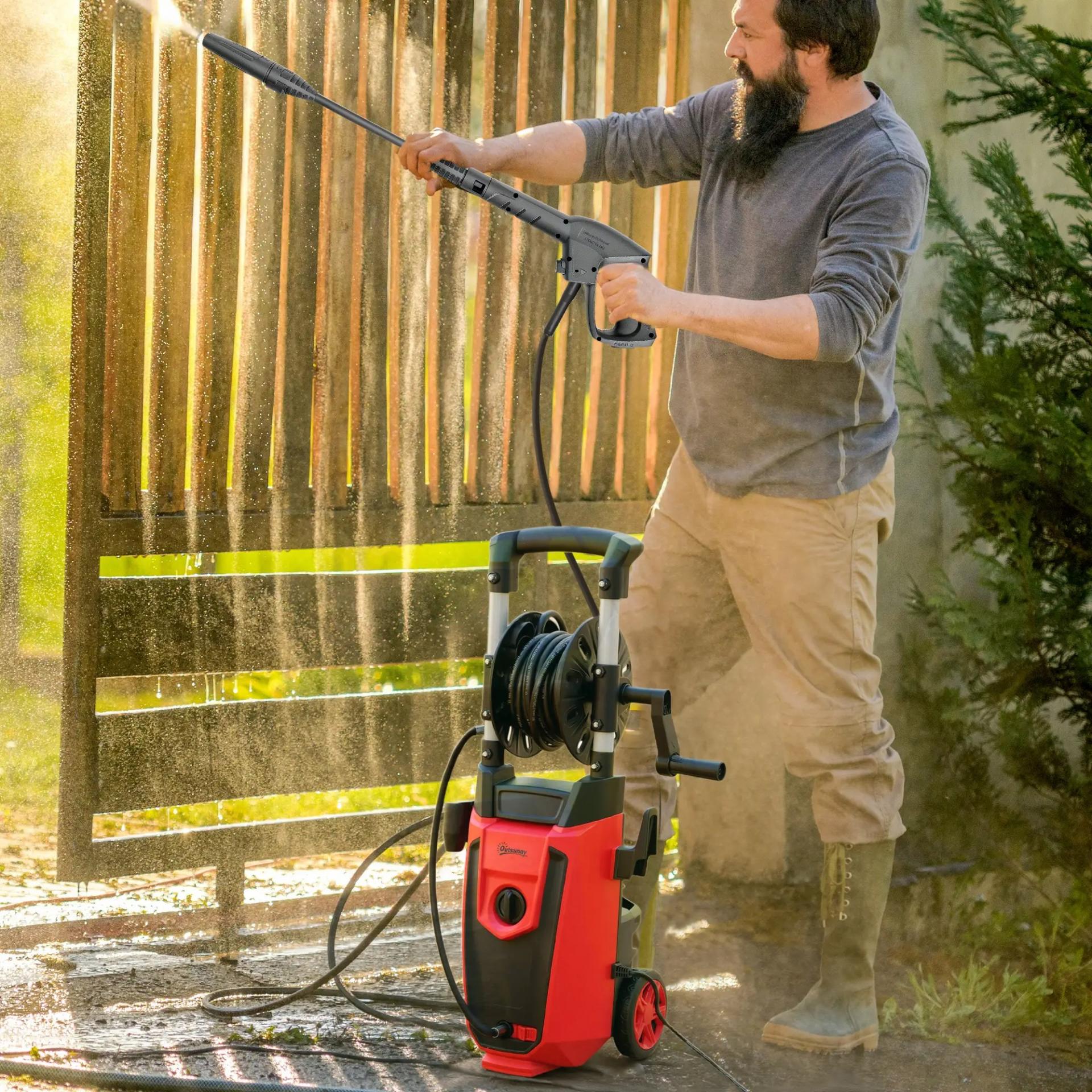 Hidrolimpiadora de Alta Presión 1800W con Accesorios Ángulo Ajustable y Parada Automática 30x27,5x76 cm Rojo y Negro