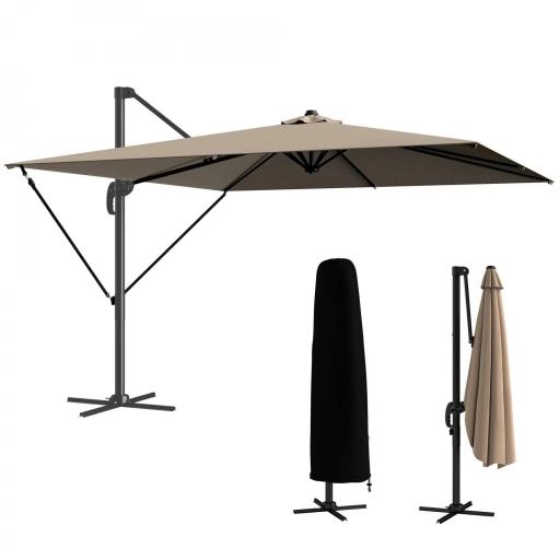 Parasol Excéntrico 2,9x2,9 m de Aluminio con Manivela Inclinación Ajustable Giratorio 360° Base Cruzada y Funda Caqui [8]