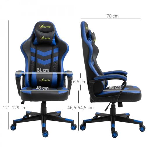 Silla Gaming Altura Regulable Basculante con Reposacabezas Cojín Lumbar 61x70x121-129 cm Azul [1]