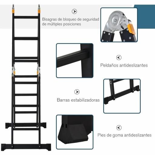 Escalera Multiusos Plegable Escalón Caballete 5 en 1 Portátil con 2 Placas de Plataforma Pie Antideslizante 6 Interruptores Bisagra Aluminio 150 kg 370x61x11 cm Negro [7]