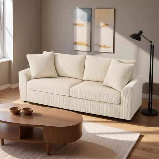 Sofá de 3 Plazas Tapizado en Pana con 2 Almohadas Reposabrazos y Cojín de Muelles para Salón 212x80x88 cm Crema [3]