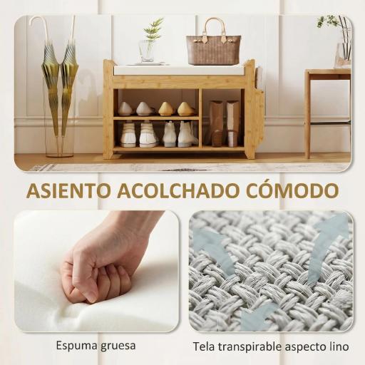 Banco Zapatero con Asiento Acolchado Almacenamiento Lateral Estante para Botas Marco de Bambú 80x30x50 cm Natural [7]