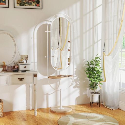 Espejo de Cuerpo Entero 175,5x50 cm con Bandeja de Madera 4 Ganchos y Marco de Metal para Salón Dormitorio Blanco