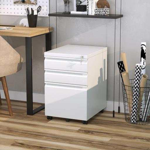 Cajonera de Oficina con Ruedas Mueble con Cerradura 2 Cajones y 1 Archivador para Tamaño A4 Carta 39x48x60 cm Blanco
