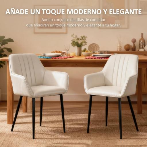 Pack de 2 Sillas de Cocina con Respaldo Reposabrazos y Patas de Metal para Salón 59,5x56,5x81 cm Beige [2]