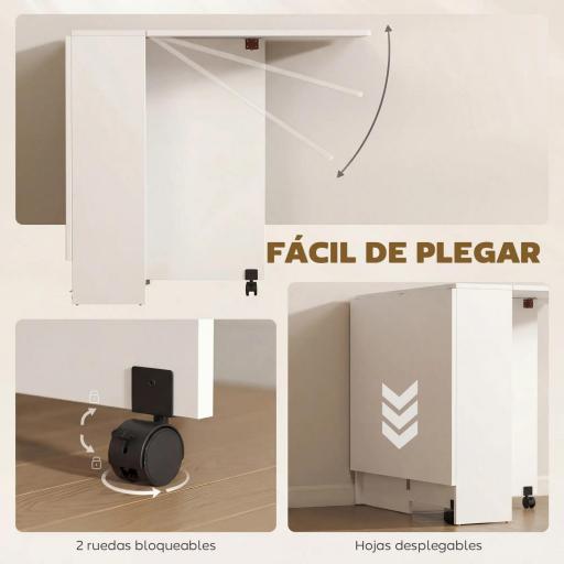 Mesa Plegable de Comedor con Ruedas Alas Abatibles y Estantes para 4-6 Personas 75x140x74 cm Blanco [5]