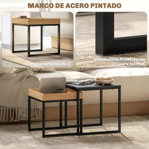 Conjunto de 2 Mesitas Auxiliares con Diseño Anidado para Usar Juntas como Mesa de Centro o Separadas Color Negro y Roble [2]