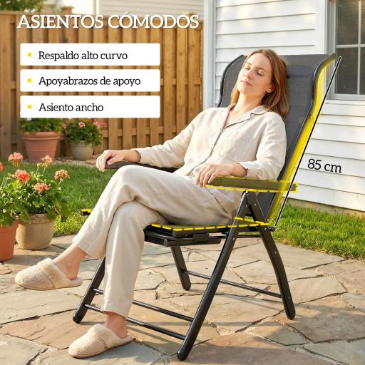 Pack de 2 Sillas Plegables Reclinables de Jardín Exterior con Respaldo Alto Ajustable en 5 Posiciones Reposapiés Gris [5]