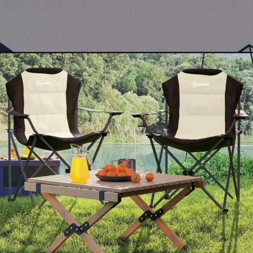 Conjunto de 2 Sillas Plegables Camping Acolchado con Respaldo Alto Portavasos y Bolsas de Transporte Crema y Negro [7]