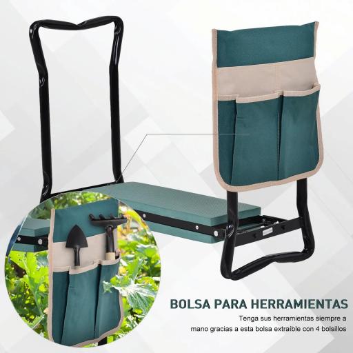 Taburete de Jardín Plegable con Bolsa para Herramientas Protección Cojín Rodillas Asiento de Jardín con Almohadilla Altura Ajustable Soporta un máximo 150kg Color Verde Negro [4]
