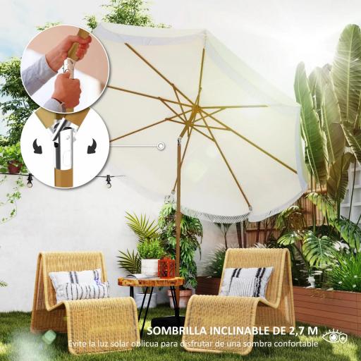 Sombrilla Boho de Ø2,7 m para Exterior con Protección UV30+ Manivela Manual y Techo Doble con Borlas Beige [2]