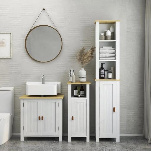 Columna de Baño Armario de Baño con Estantes Abiertos Puerta y Estante Ajustable Diseño Anti-vuelco 34x23x165 cm Blanco [3]