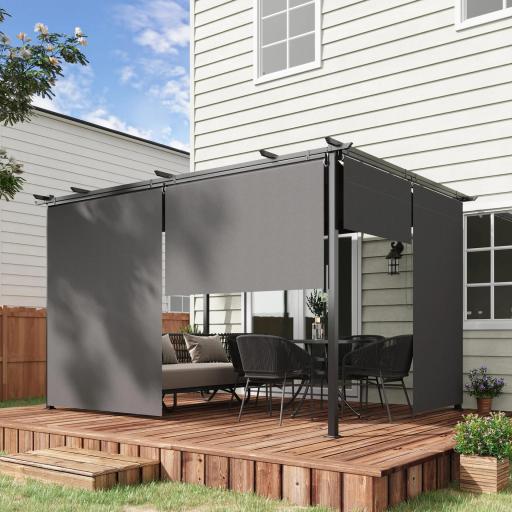 Pérgola de Jardín Cenador para Exterior con Techo Retráctil y 4 Cortinas Enrollables 4x3 m Gris Oscuro [6]