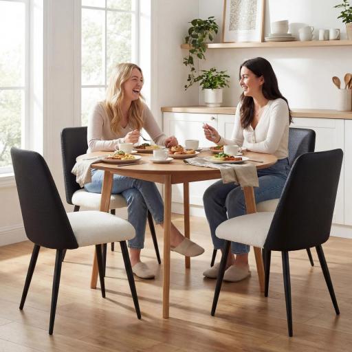 Juego de 2 Sillas de Cocina con Respaldo de PU de Imitación Ratán Patas de Acero y Asiento Acolchado Negro y Beige [6]