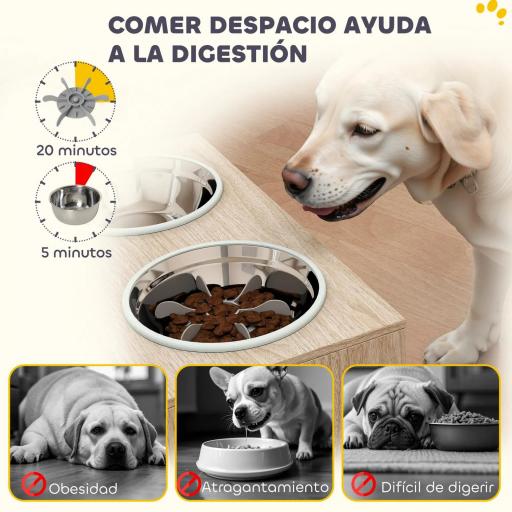 Comedero Perro Elevado con 2 Cuencos de Acero Inoxidable 2x2000 ml con Comedero Lento Almacenamiento Oculto Roble [6]