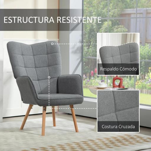 Butaca de Dormitorio con Respaldo Alto Reposabrazos Tela de Lino y Patas de Madera para Sala de Estar 71x76x101 cm Gris [5]