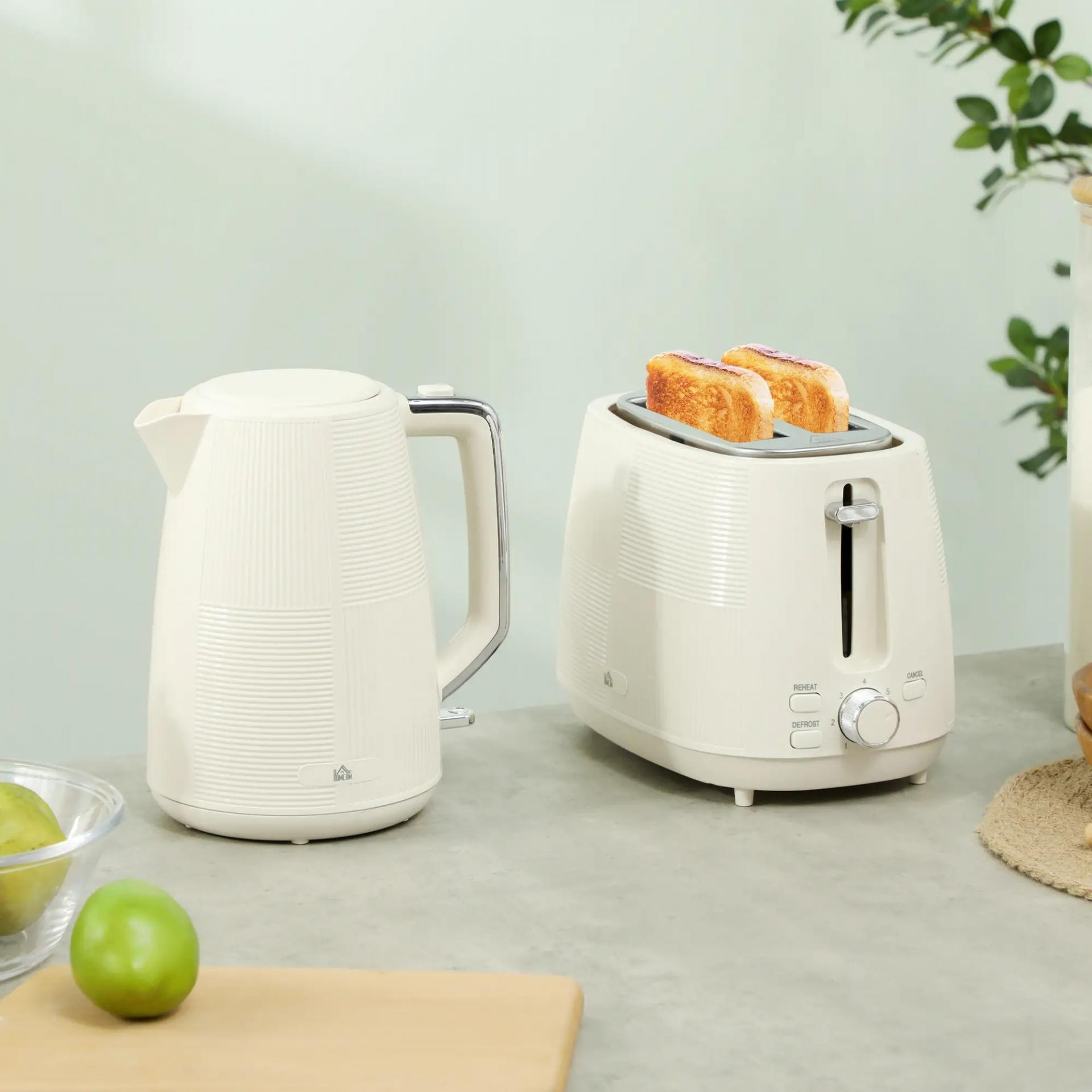 Juego de Hervidor de Agua Eléctrico 2200W 1,7L y Tostador Pan Ranura Ancha para 2 Rebanadas 3 Funciones Crema